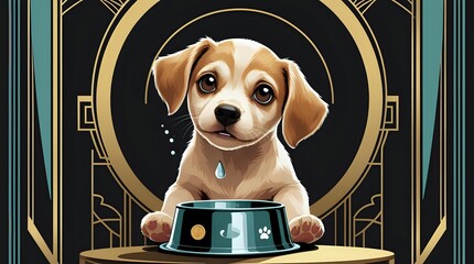 Art Deco Puppy Sad Vector Portrait with Begging Bowl
