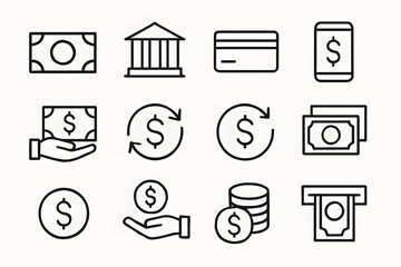 Financial Icon Set: An array of financial icons are presented, featuring currency, banking, and payment symbols. A visual guide for all monetary matters.
