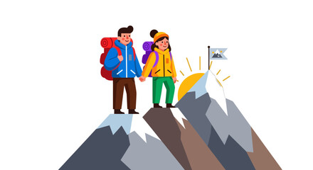 Triumphant Hikers Celebrate Ascent to Mountain Peak, Reaching Goals and Dreams Successfully