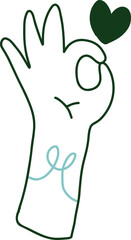 Whimsical Illustration: A Cartoon Hand with a Green Heart, Conveying Positivity