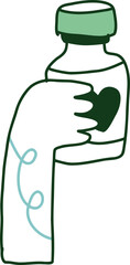 Arm holding a bottle with a heart emblem representing healthcare and love