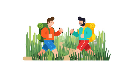 Two Adventurers Trekking Through Lush Green Fields on a Journey Together