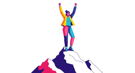 Triumphant Woman Reaching Summit, Achieving Goals, Overcoming Obstacles, Colorful Illustration