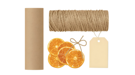 Still life composition featuring kraft paper roll twine dried oranges and a blank tag on a neutral backdrop on transparent background