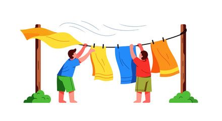 Two People Hanging Clothes Outside During The Day With Wind Blowing and Clothes Waving