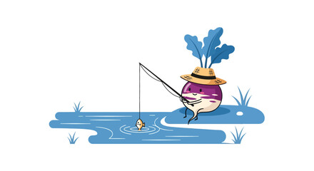 Turnip Angler: Cartoon Character Enjoys Fishing in Serene Pond Against Black Background