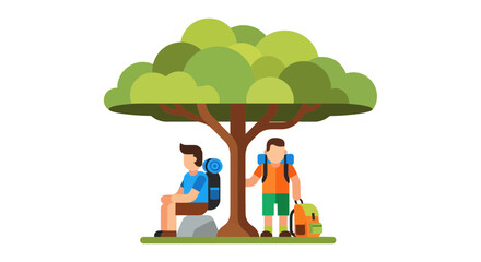Two Backpackers Under Tree Enjoying Nature and Finding Shelter From The Sun