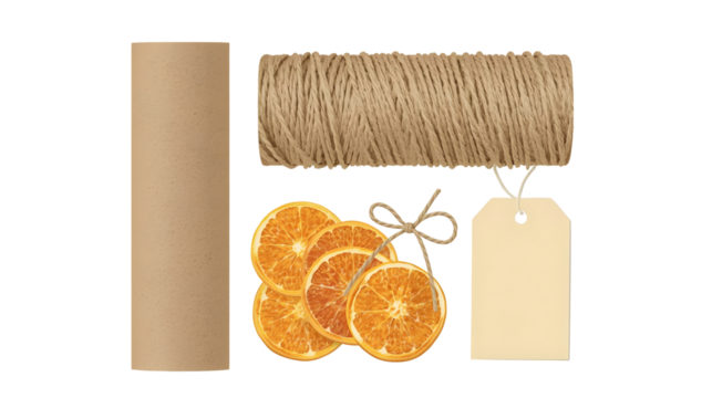 Still life composition featuring kraft paper roll twine dried oranges and a blank tag on a neutral backdrop on transparent background