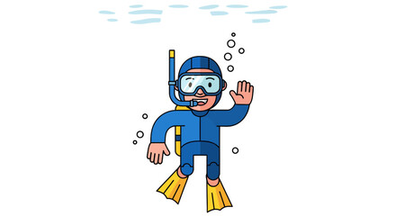 Underwater Diver Cartoon Welcoming Gesture With Goggles, Fins, And Snorkel, Cheerful