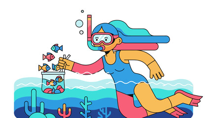 Underwater Diver Enjoys Marine Life and Releases Fishes from a Container in Ocean