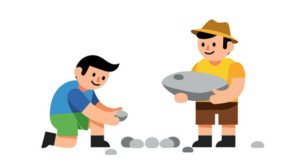 Two Figures Engage In A Rock Play Activity Depicted With A Minimalist Vector Style