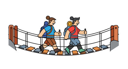 Two Figures Hiking Across A Bridge On An Expedition Ready For An Adventure