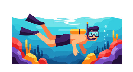 Underwater Diver Swimming Near Coral Reef With Snorkel Equipment