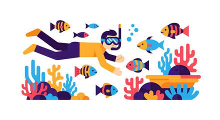 Underwater Exploration: A Colorful Illustration of a Diver and Marine Life Encounter