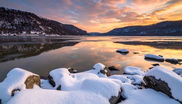 Spectacular winter landscape featuring a tranquil lake and snow-covered rocks