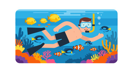 Underwater Exploration With Animated Fishes And A Snorkeler Person Enjoying The View