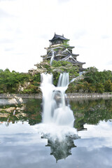 城と滝のコラージュ　ファンタジー　自然と融合