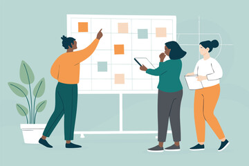 Diverse team collaborates enthusiastically over a vibrant marketing graph, strategizing with colorful sticky notes, fostering innovation and productive teamwork.