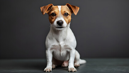 Jack Russell Terrier dog sits on grooming table. Its fur is trimmed. The canine looks calm and attentive. Green background with