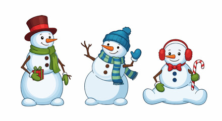 Vector set of three Christmas snowmen isolated on a white background