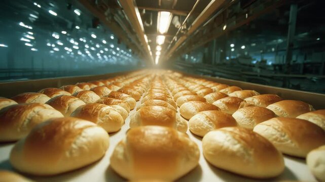 Golden Brown Bread Rolls Lined Up On A Conveyor Belt In A Food Production Facility With Overhead Lighting And Industrial Machinery In The Background