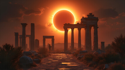 Fototapeta premium Eclipse at Ancient Ruins. Stunning Solar Eclipse Over Historic Sites. Unveiling Hidden Secrets of Ancient Civilizations. Breathtaking Views of the Celestial Event.