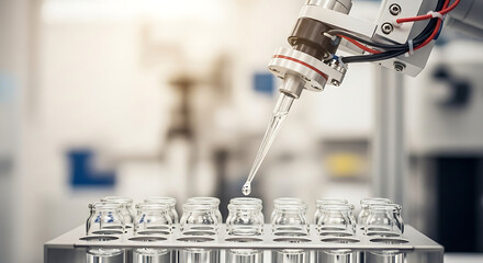 Precision robotics dispensing liquid into vials for pharmaceutical research, symbolizing innovation and automation in modern biotech and medical advancements