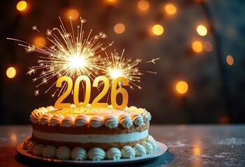 Festive New Year 2026 cake decorated with glowing sparklers and warm bokeh lights, with copy space, for holiday advertising, party invitations, celebration branding, seasonal marketing, social media 