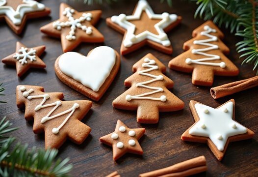 Festive gingerbread cookies in star, tree and heart shapes decorated with white icing on a wooden surface, creating a warm Christmas atmosphere ideal for holiday designs, promotions, seasonal branding