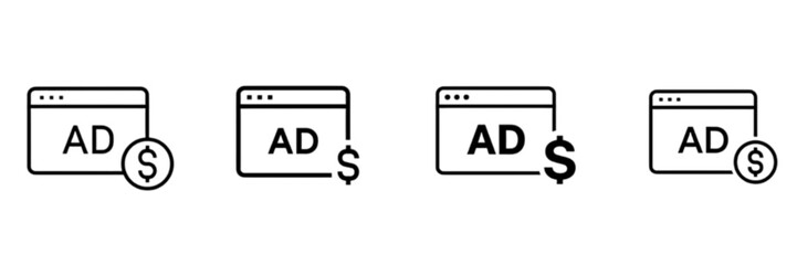 Monochrome Ad Block Icon Set with Dollar Sign Overlay - Digital Marketing and Monetization Vector Image