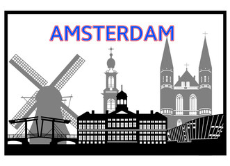 Black and white Amsterdam skyline silhouette vector illustration, featuring iconic buildings, canal houses, traditional windmills, and historic churches. A graphic travel landmark design