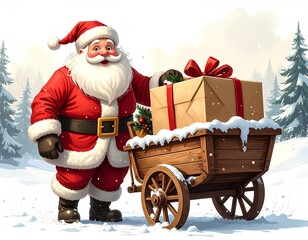 Santa Pulling a Wooden Holiday Cart Loaded with a Big Gift.