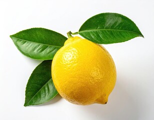 Fresh Yellow Lemon with Green Leaves on White Background