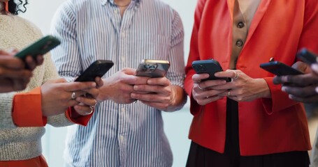 Business people, hands and typing with phone in huddle for network, data sync or sharing in office. Group, employees or team texting on mobile smartphone or app for connectivity, social media or chat