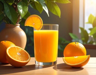 a delicious glass of orange juice on the table, oranges cut in half