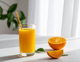 a delicious glass of orange juice on the table, oranges cut in half
