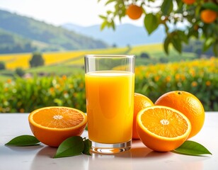 a delicious glass of orange juice on the table, oranges cut in half