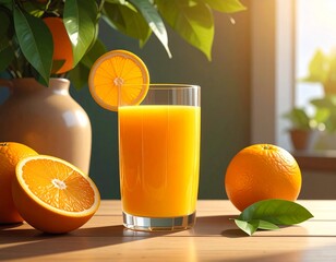 a delicious glass of orange juice on the table, oranges cut in half