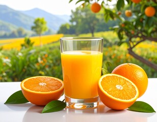 a delicious glass of orange juice on the table, oranges cut in half