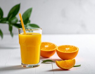 a delicious glass of orange juice on the table, oranges cut in half