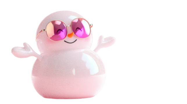 Cute smiling snowman character wearing stylish pink sunglasses, showcasing a cheerful expression, transparent background, isolated image