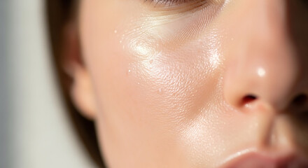 Close up on radiant, hydrated skin for skincare product ads, promoting youthful glow and natural beauty with fresh, dewy complexion and flawless texture