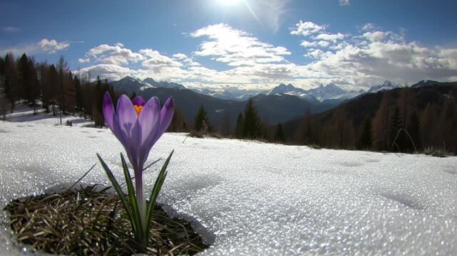 Purple crocus emerges from melting snow against a mountain backdrop.