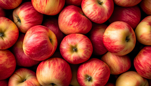 Pile of fresh gala apples ready for sale. Bright red fruit with yellow stripes arranged closely together. Suitable for food blogs