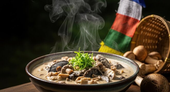 Earthy Bhutanese Shamu Datshi &ndash; Wild Mushrooms in Yak Cheese Sauce, Ceramic Bowl with Mushroom Basket & Prayer Flag