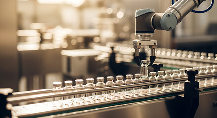 Automated robotic arm precision handling vials in pharmaceutical production line ensures quality and efficiency in modern medicine manufacturing process