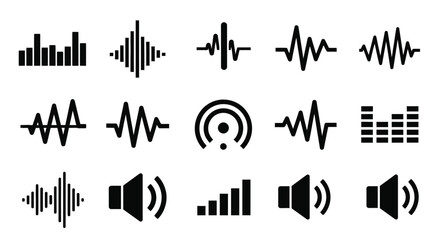 Collection of various sound wave icons and audio signal representations