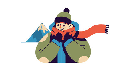 Winter Adventure: Cold Weather Illustration of Person with Mountain Background Design
