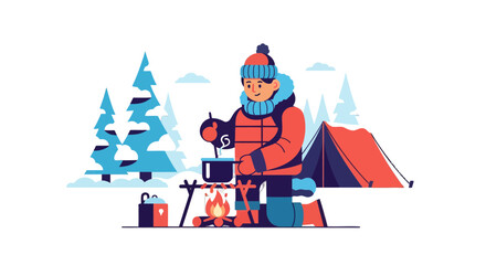 Winter Camping Adventure: A Cozy Scene of Cooking by a Campfire at a Snowy Site