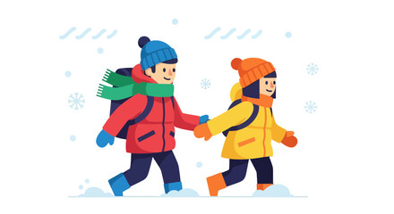 Winter Adventure Of Two Friends Walking Through Snow, Enjoying The Moment Together